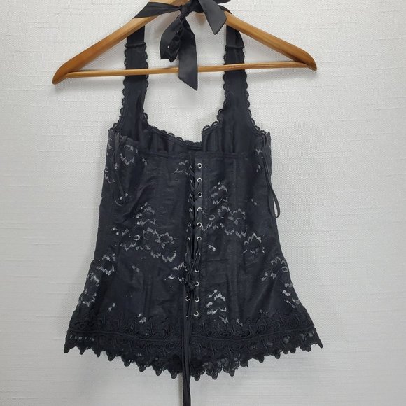 Frederick’s of Hollywood Black/Silver Shimmer Lace Up Corset 34 Bustier Halter - Picture 6 of 10
